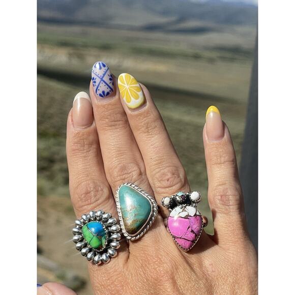 STERLING SILVER NATIVE SW COTTON CANDY TURQUOISE CLUSTER RING .925 Adjusts 7-9 - Picture 4 of 12